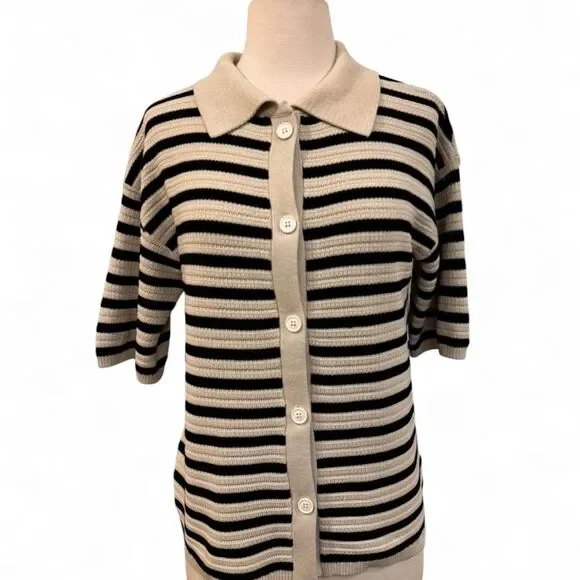 Apricot Women's Tan Black Cardigan Small Minimalist Preppy Short Sleeve Capsule - Picture 2 of 6